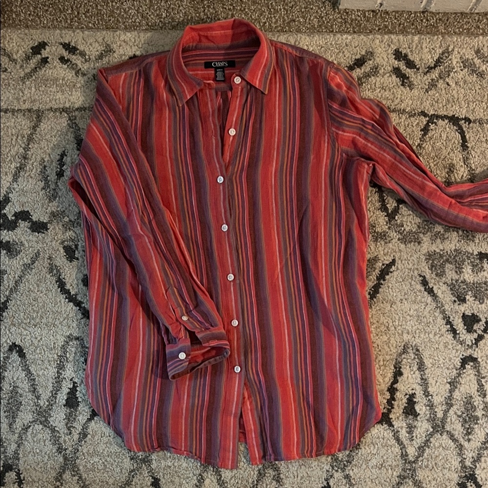 Chaps Earthy Multicolor Striped Linen Button Down Shirt.